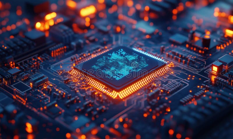 Microcip futurist cu circuite strălucitoare și lumini portocalii vibrante stock images