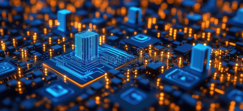 Microcip futurist cu circuite strălucitoare și lumini vibrante în peisajul tehnologiei digitale royalty free stock photo