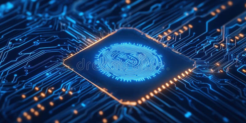 Microcip futurist cu circuite strălucitoare și simbol monedă digitală royalty free stock images