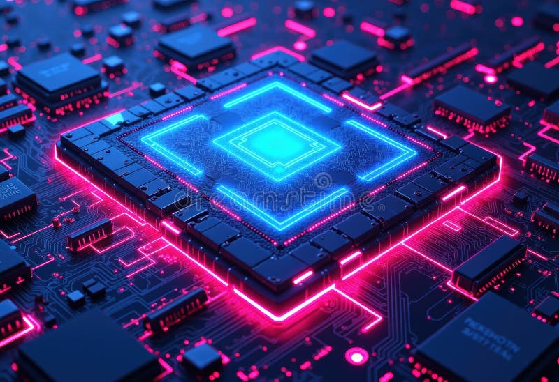Microcip futurist cu lumini strălucitoare de neon albastru și roz royalty free stock photography