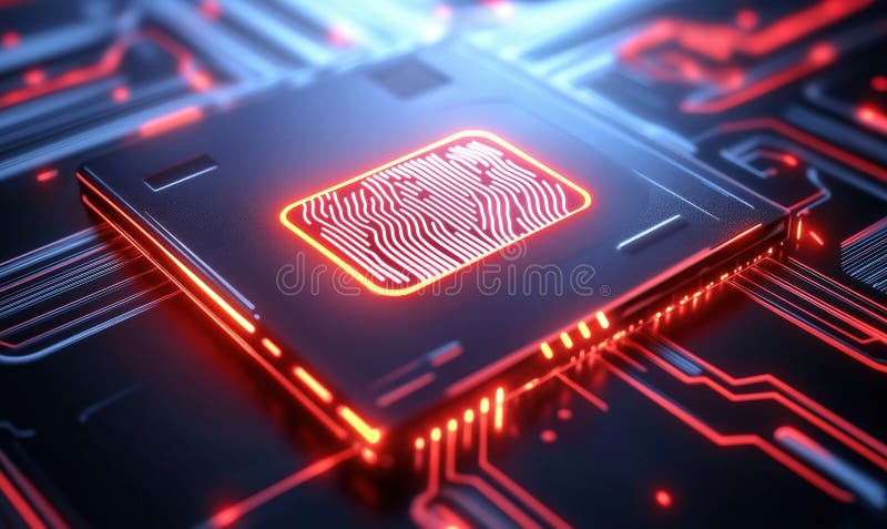 Microcip futurist cu tipare circulare complexe, cu culori aprinse, roșu și albastru, cu design digital pentru înaltă tehnologie royalty free stock photos