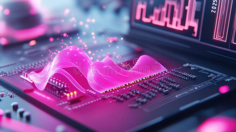Microcip futurist cu unde de date neon și placă de circuite royalty free stock photography