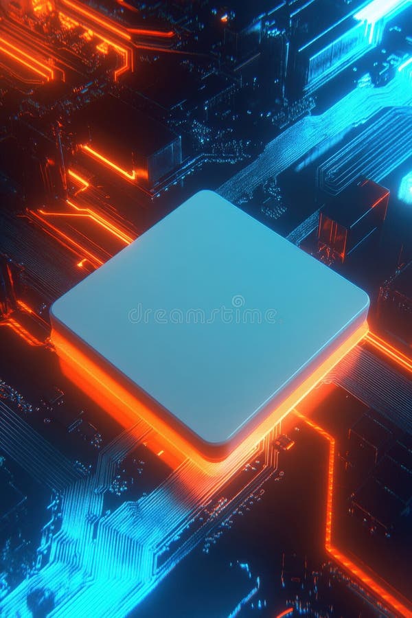 Microcip futurist pe o placă de circuite strălucitoare cu lumini aprinse pentru neon royalty free stock images