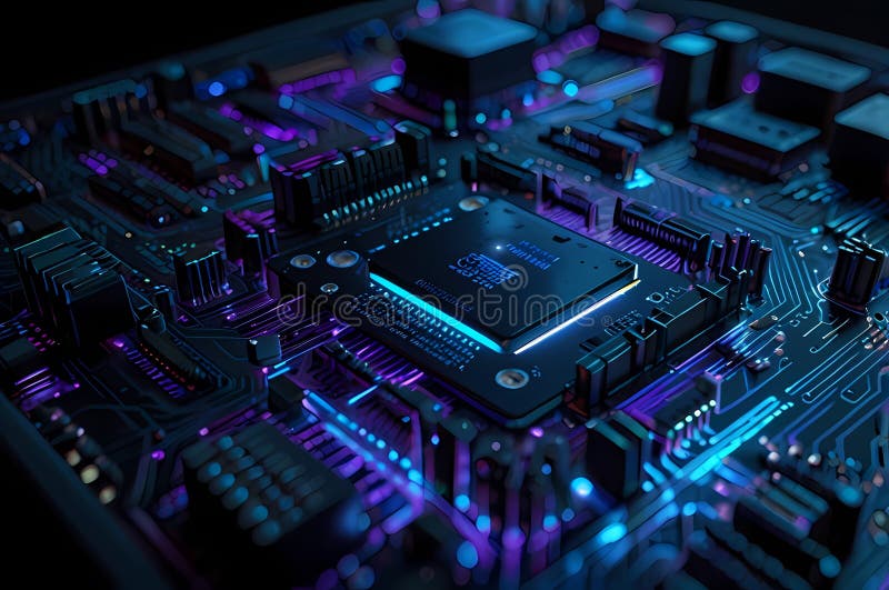 Microcip futurist pe placa de circuite iluminate. Circuit AI stock photos