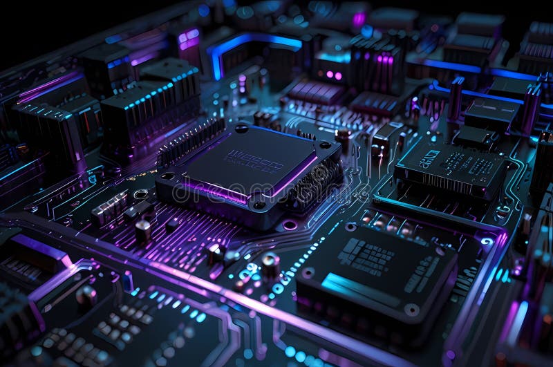 Microcip futurist pe placa de circuite iluminate. Circuit AI stock images