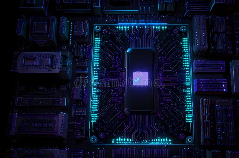 Microcip futurist pe placa de circuite iluminate. Circuit AI stock photo
