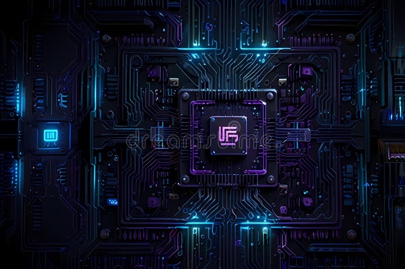 Microcip futurist pe placa de circuite iluminate. Circuit AI stock photo