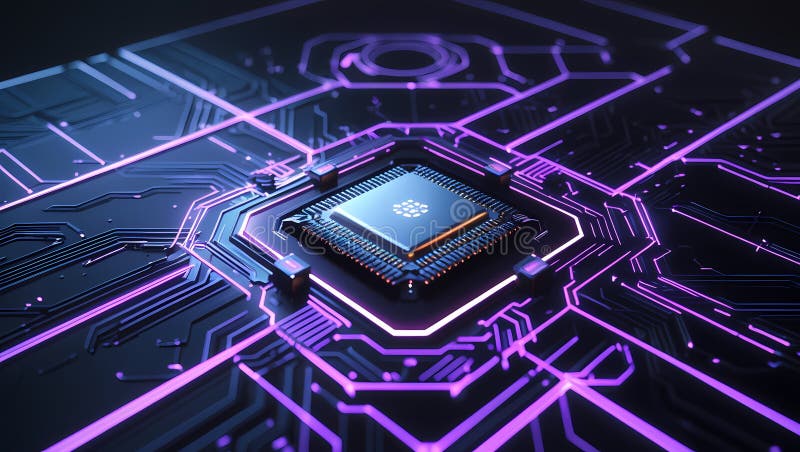 Microcip futurist pe placa de circuite iluminate. Circuit AI royalty free stock image