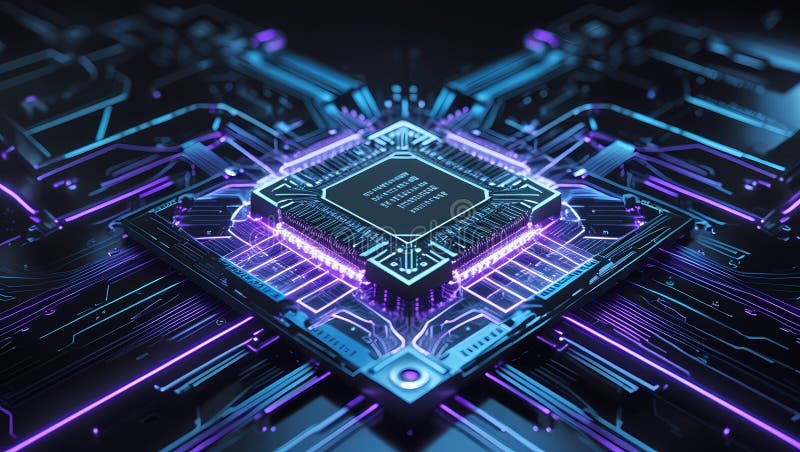 Microcip futurist pe placa de circuite iluminate. Circuit AI stock photos