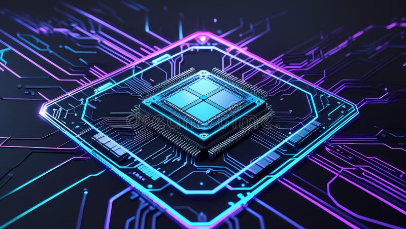 Microcip futurist pe placa de circuite iluminate. Circuit AI. Placă de circuite iluminate cu un microcip central înconjurat de componente interconectate. Placa este evidențiată cu căi strălucitoare albastre și violet, creând un aspect futurist. Microcipul localizat central este dominant cu cipuri adiacente mai mici. Căile se aseamănă cu un labirint de urme electrice, accentuând conectivitatea și tehnologia avansată. Suprafețele reflectorizante netede îmbunătățesc estetica de înaltă tehnologie, sugerând inovația în designul și funcția electronică.