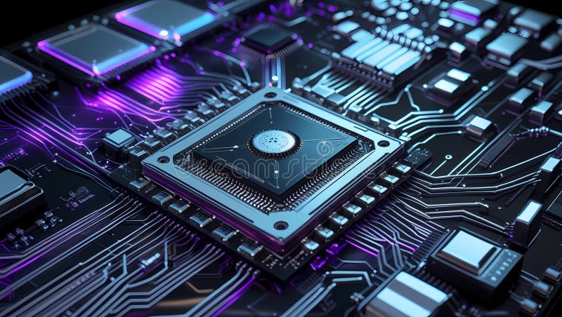 Microcip futurist pe placa de circuite iluminate. Circuit AI stock photography