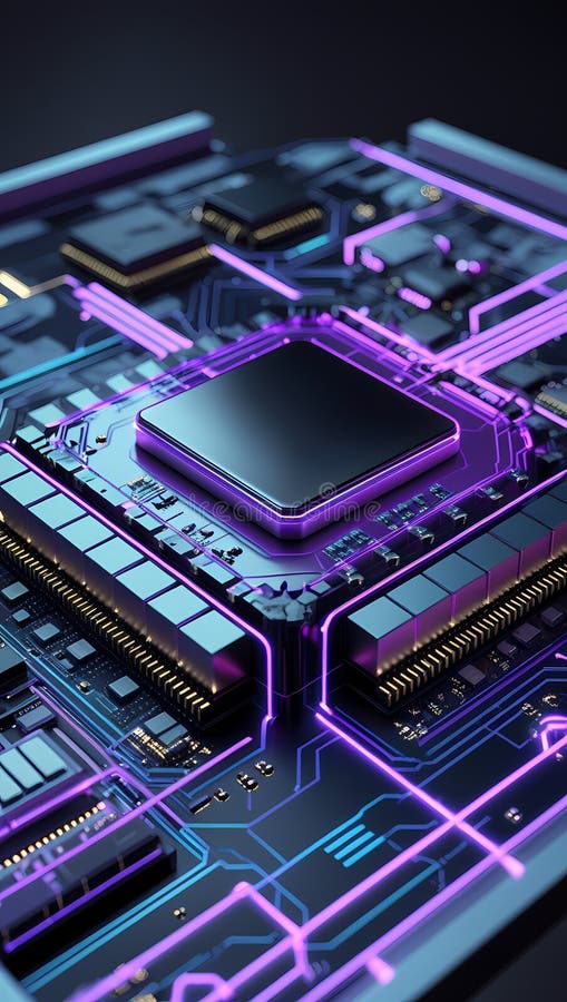 Microcip futurist pe placa de circuite iluminate. Circuit AI royalty free stock photo
