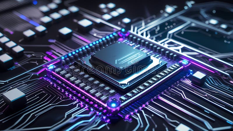 Microcip futurist pe placa de circuite iluminate. Circuit AI stock images