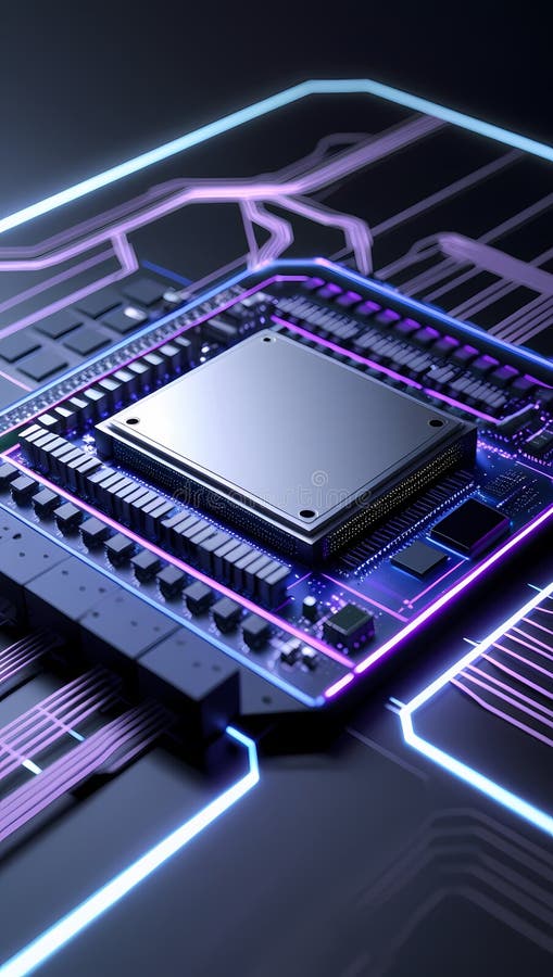 Microcip futurist pe placa de circuite iluminate. Circuit AI stock photos