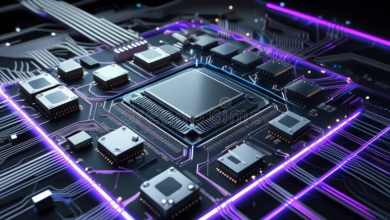 Microcip futurist pe placa de circuite iluminate. Circuit AI stock photography
