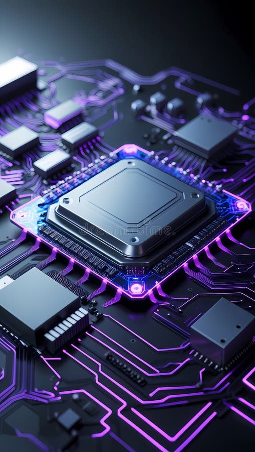 Microcip futurist pe placa de circuite iluminate. Circuit AI royalty free stock photos