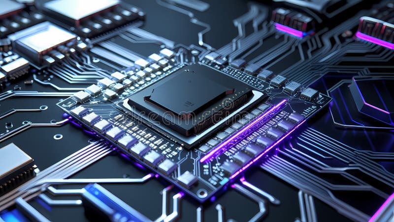Microcip futurist pe placa de circuite iluminate. Circuit AI royalty free stock photo