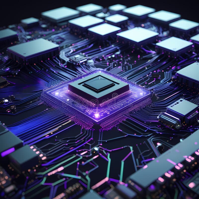 Microcip futurist pe placa de circuite iluminate. Circuit AI royalty free stock photo