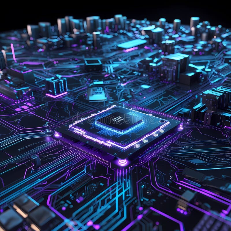 Microcip futurist pe placa de circuite iluminate. Circuit AI royalty free stock image