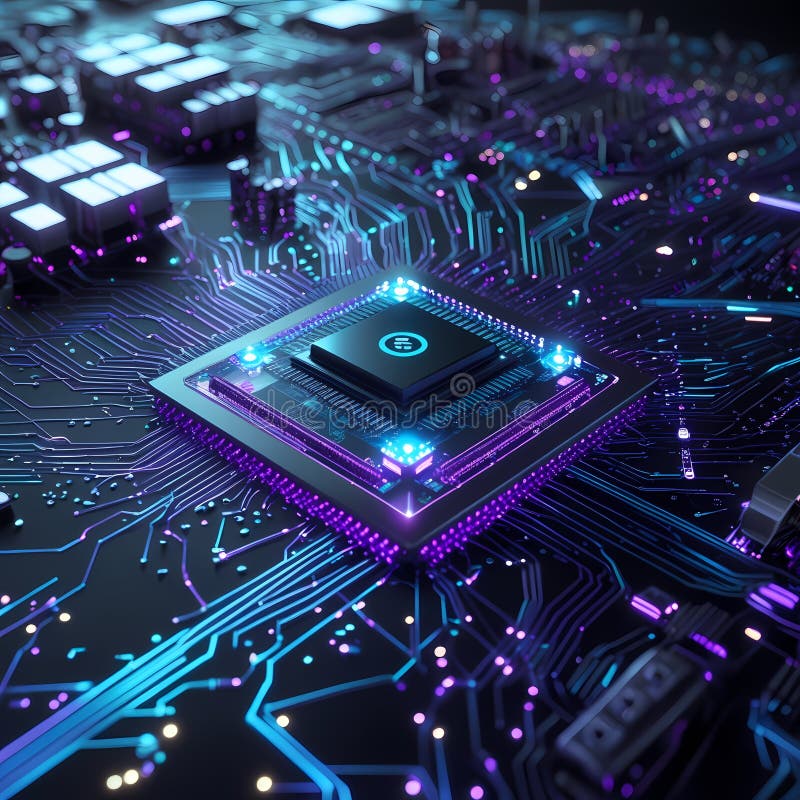 Microcip futurist pe placa de circuite iluminate. Circuit AI royalty free stock photo