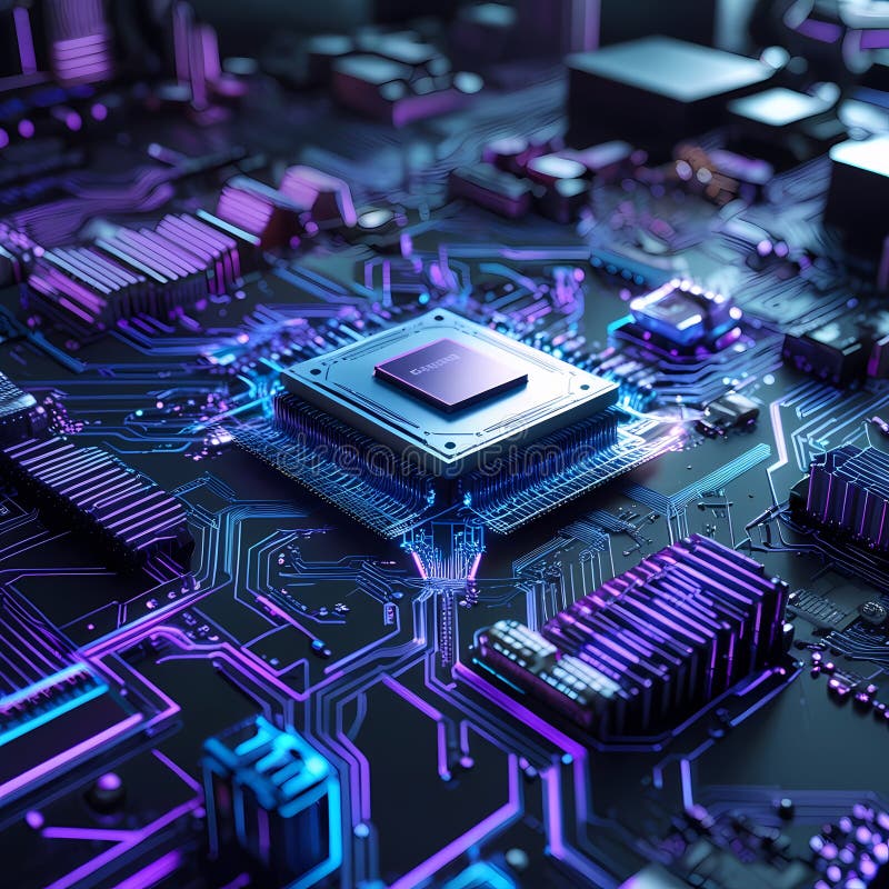 Microcip futurist pe placa de circuite iluminate. Circuit AI royalty free stock photos