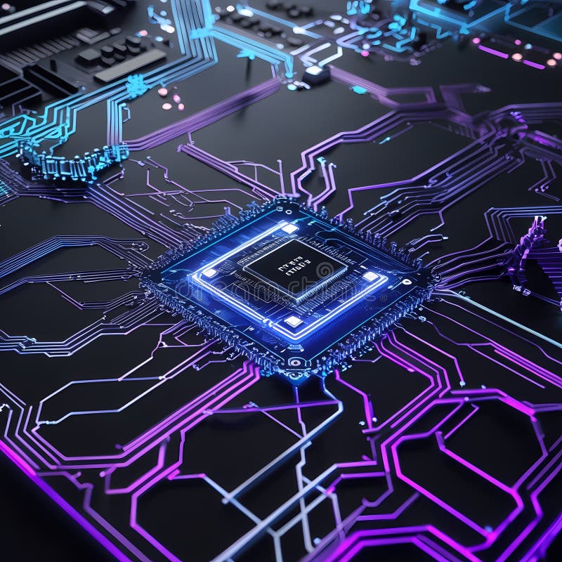 Microcip futurist pe placa de circuite iluminate. Circuit AI stock photo