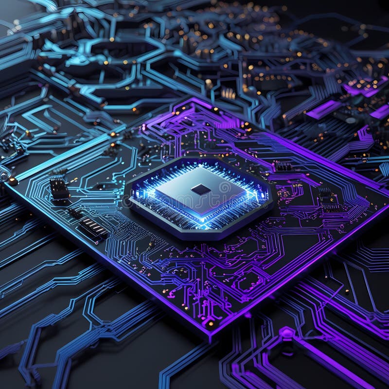 Microcip futurist pe placa de circuite iluminate. Circuit AI stock photography