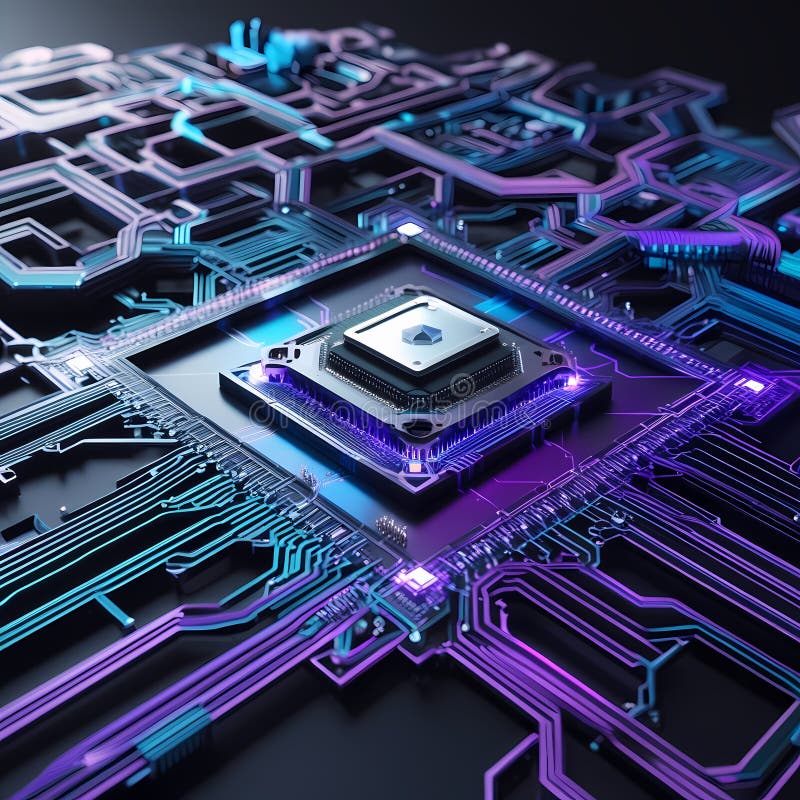 Microcip futurist pe placa de circuite iluminate. Circuit AI stock images