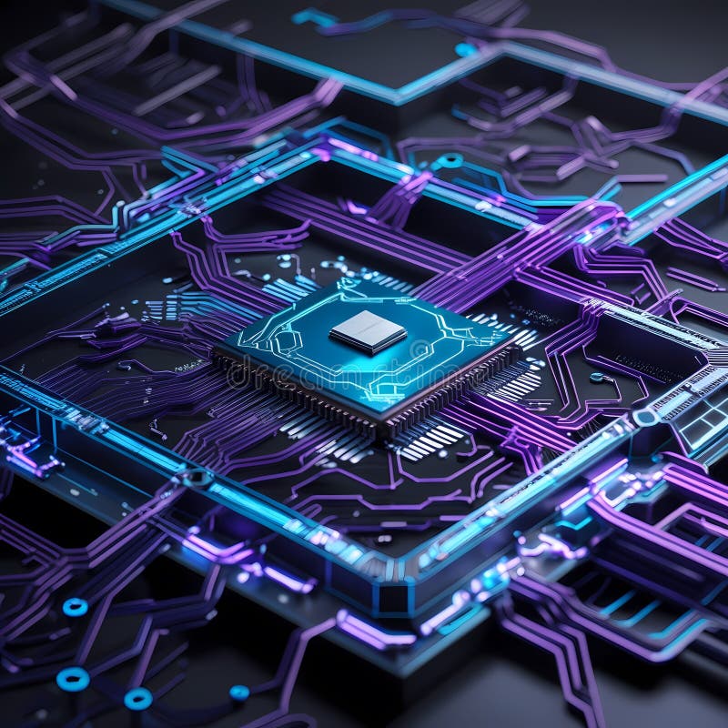 Microcip futurist pe placa de circuite iluminate. Circuit AI royalty free stock image