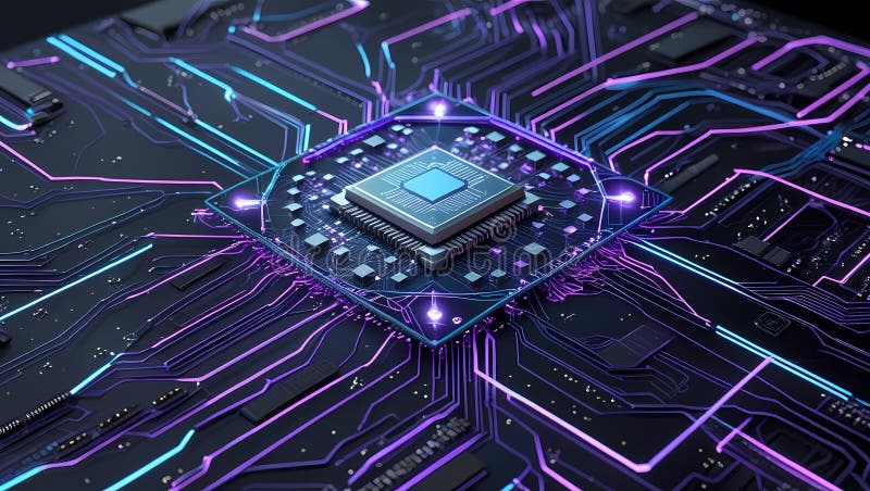 Microcip futurist pe placa de circuite iluminate. Circuit AI royalty free stock photos