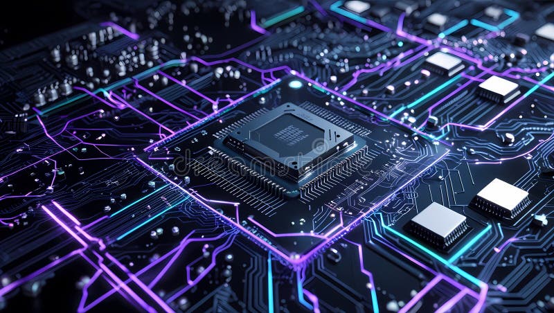 Microcip futurist pe placa de circuite iluminate. Circuit AI stock photo