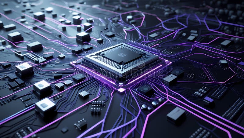 Microcip futurist pe placa de circuite iluminate. Circuit AI stock photos