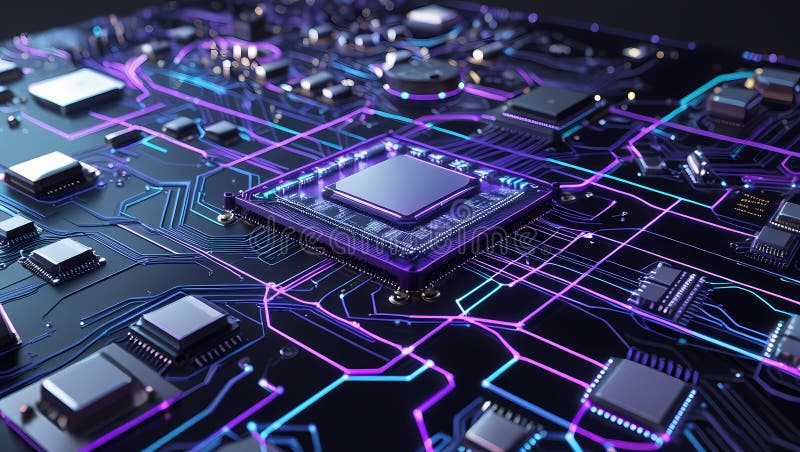 Microcip futurist pe placa de circuite iluminate. Circuit AI royalty free stock image