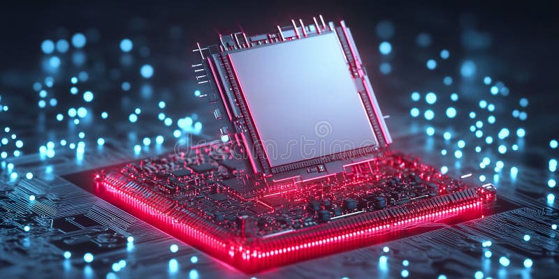 Microcip futurist pe placă cu circuite cu lumini neon albastru și roșu royalty free stock photo