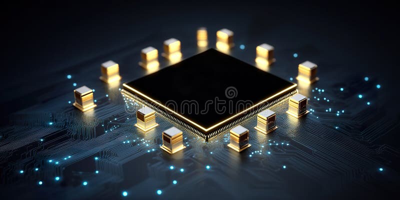 Microcip futurist pe placă de circuite cu conexiuni strălucitoare royalty free stock photos