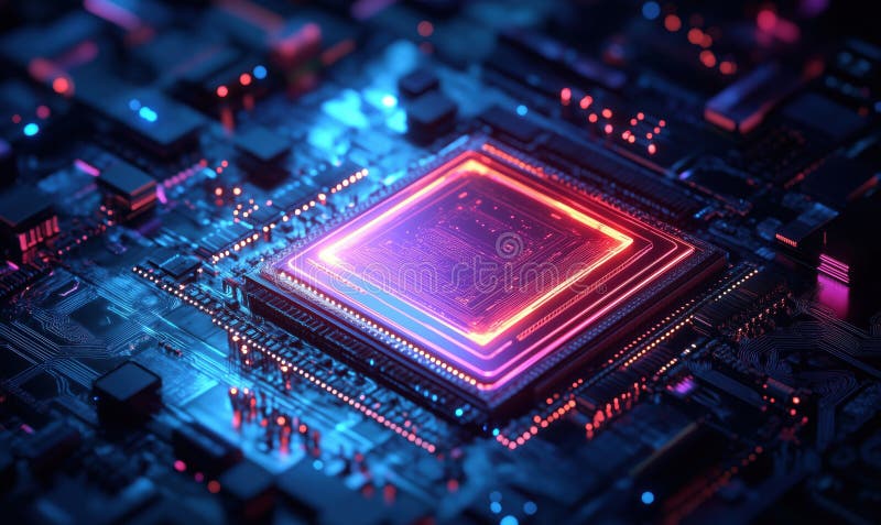 Microcip futurist strălucind cu lumini neon pe placa circuitului stock photo