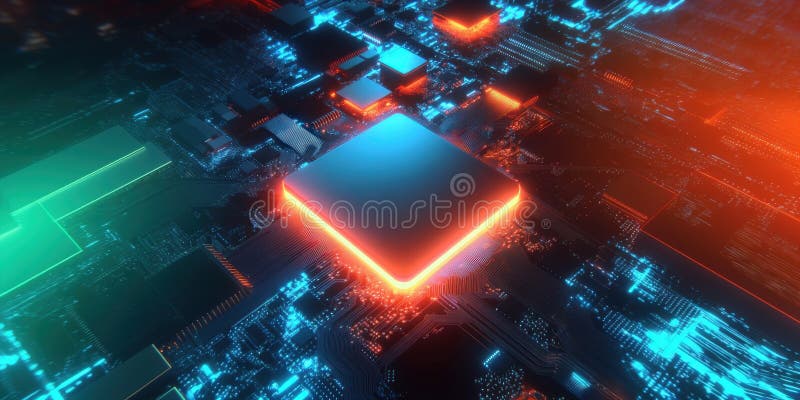 Microcip futurist strălucind într-o placă de circuite digitale vibrante stock photo