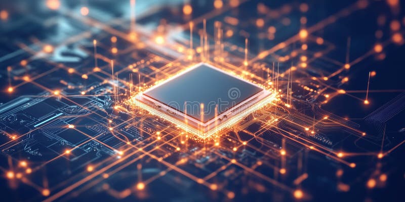 Microcip futurist înconjurat de circuite strălucitoare și conexiuni de date royalty free stock images