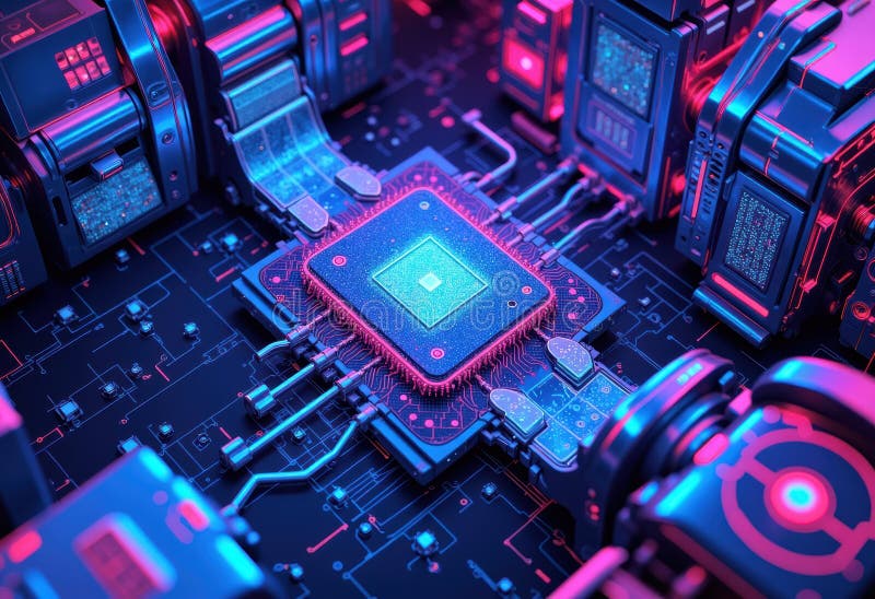 Microcip futurist înconjurat de circuite și tehnologii strălucitoare stock photography