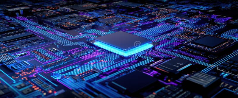 Microcipul futurist care strălucește pe un design vibrant al plăcii de circuiteImagine generată de AI royalty free stock photos