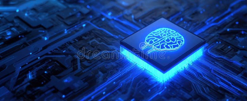 Microcipul futurist cu un design al creierului strălucind în imagini generate de AI albastru electric stock photo