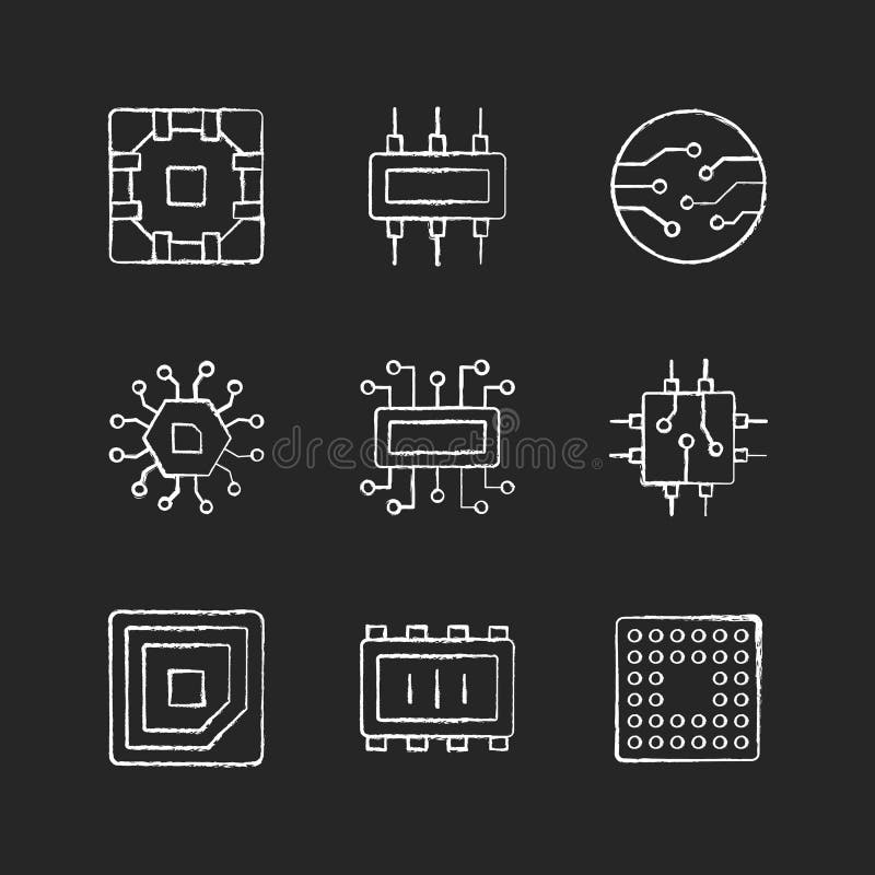Microcircuits chalk white icons set on black background stock illustration