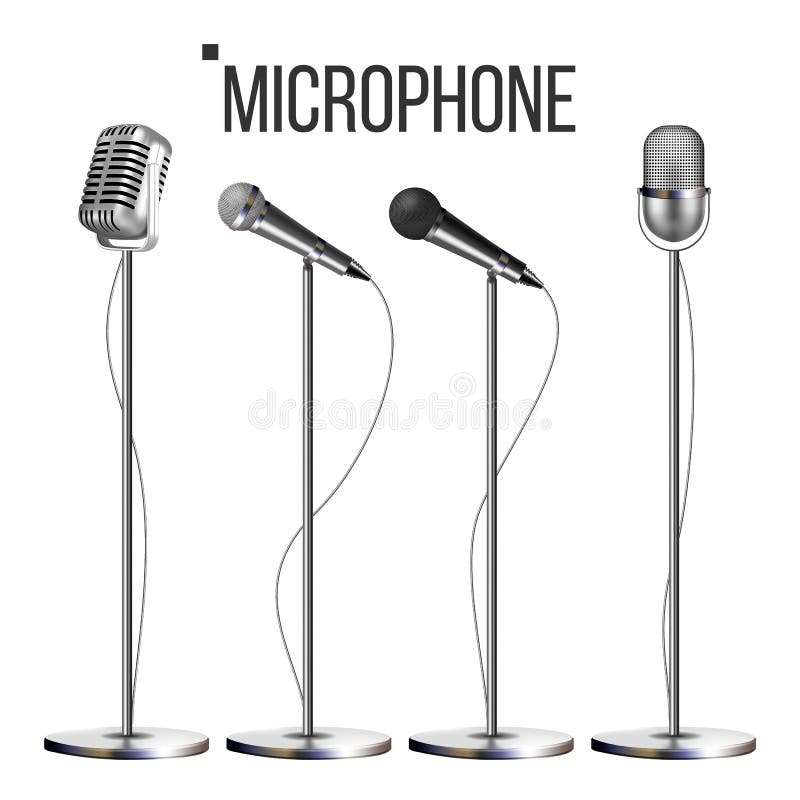 Microfone ajustado com vetor do suporte Ícone da música Concerto do vintage Moderno e retro Símbolo musical de uma comunicação au