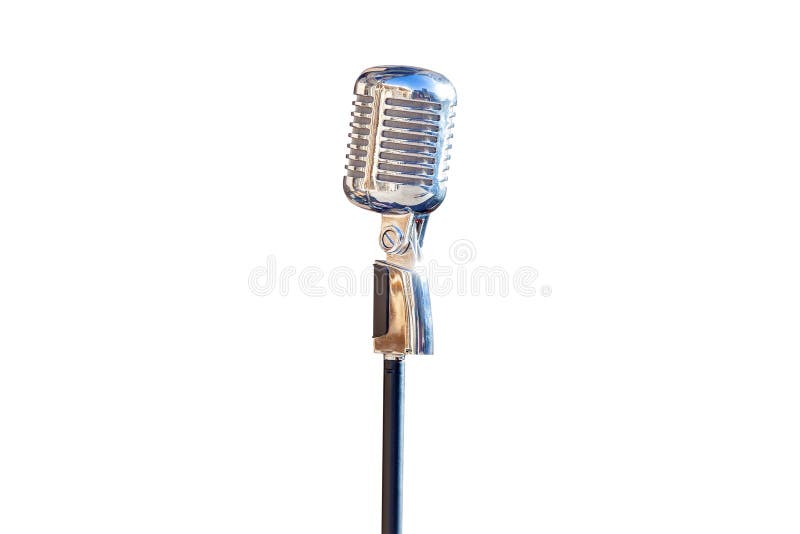 Microfone de prata do vintage isolado no fundo branco imagens de stock royalty free Microfone de prata do vintage isolado no fundo branco imagens de stock royalty free