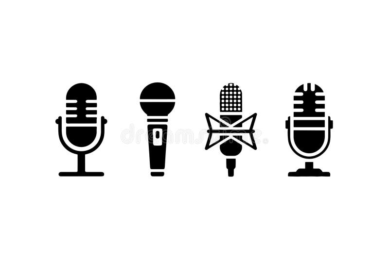 Microfoni neri Imposta strumenti di registrazione podcast vintage illustrazione vettoriale