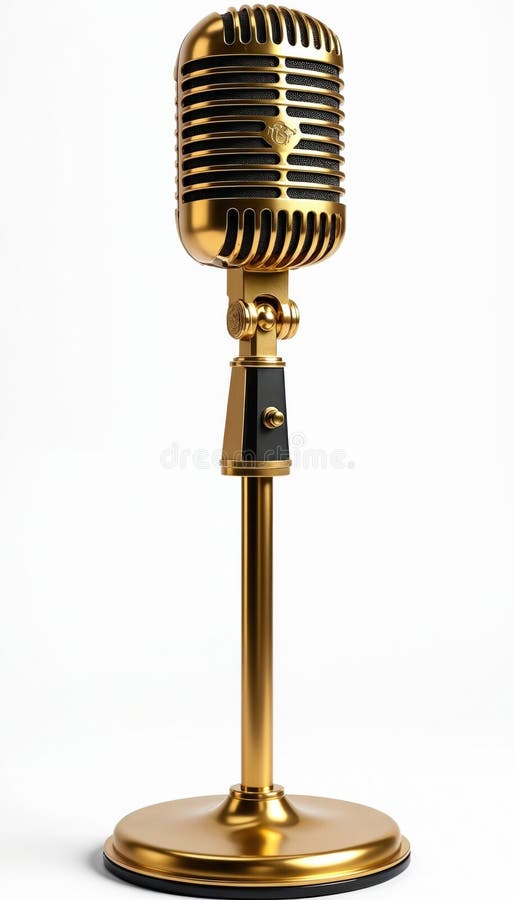 Microfono catadiottrico oro isolato sullo sfondo bianco. Microfono radiofonico vintage sul supporto. Design classico per la regist illustrazione vettoriale