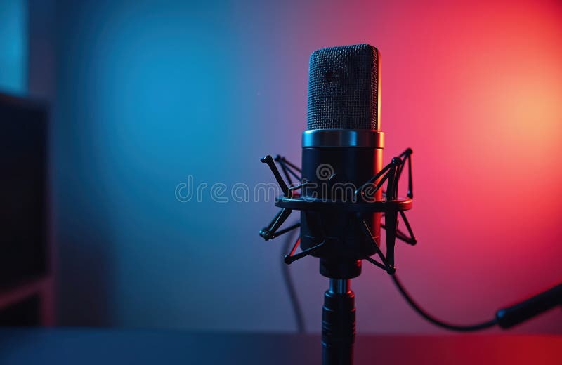Microfono da studio con fondo rosso vivo pronto per la registrazione podcast audio. Radio: attrezzature podcast talk show royalty illustrazione gratis