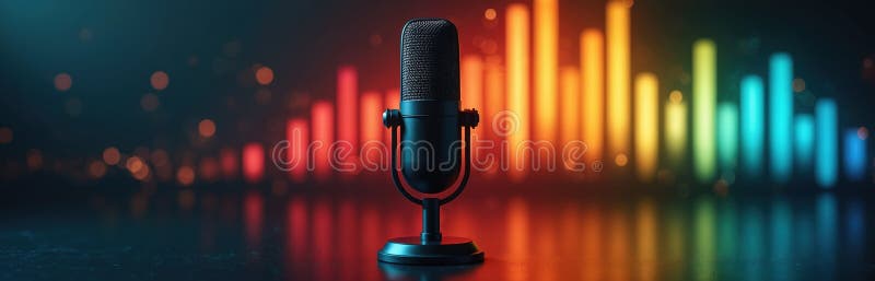 Microfono da studio con sfondo nero e spettro audio. Concetto per la registrazione audio in podcast. Attrezzature tecnologiche mod illustrazione di stock