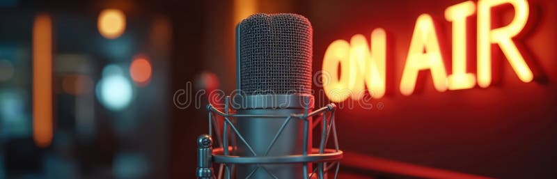 Microfono da studio contro un segnale di neon ON AIR sfuocato. Ambito di registrazione a podcast vibrante. Ideale per la produzion royalty illustrazione gratis