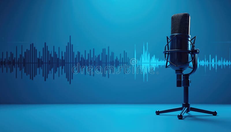 Microfono Pro black con onda sonora su sfondo blu. Registrazione podcast audio in trasmissione con copia spaziale vocale. Musica royalty illustrazione gratis